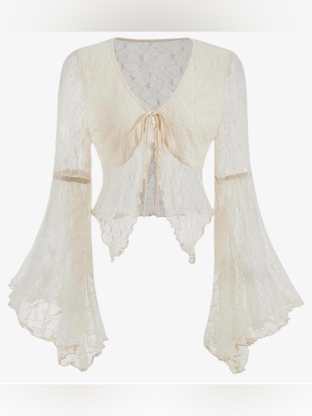 Cream Sheer Lace Tie Front Exaggerated Bell Sleeve Top Boho Fairycore Y2K